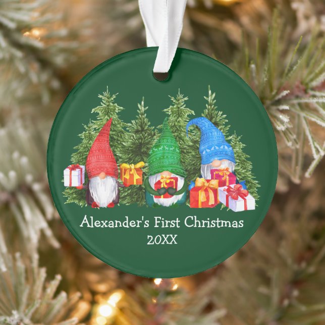 Baby First Christmas Watercolor Gnomes Green Ornament (Tree)