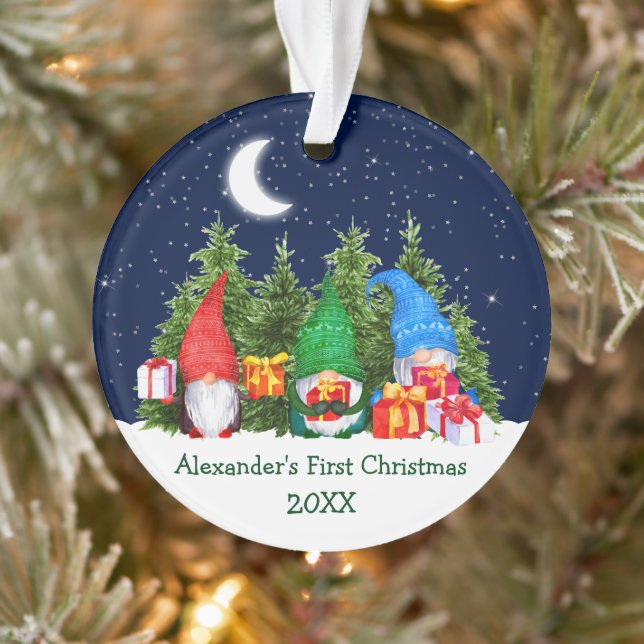 Baby First Christmas Watercolor Gnomes Trees Ornament (Tree)