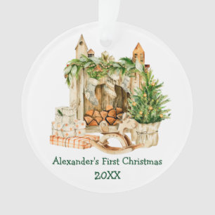 Baby First Christmas Watercolor Pine Ornament
