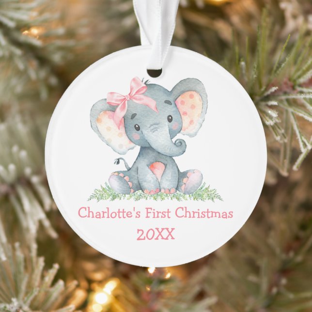 Baby First Christmas Watercolor Pink Elephant Bow Ornament (Tree)