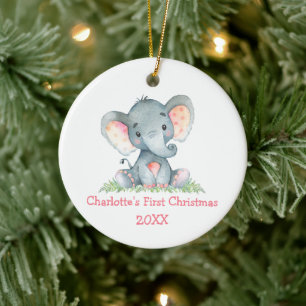 Baby First Christmas Watercolor Pink Elephant Ceramic Tree Decoration