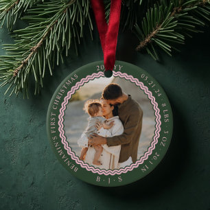 Baby First Christmas Wavy Modern Minimal 2 Photo Ceramic Tree Decoration