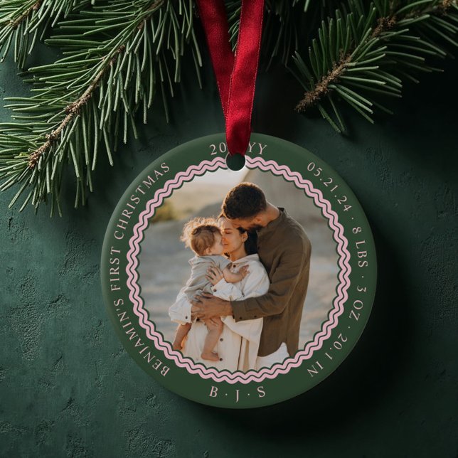 Baby First Christmas Wavy Modern Minimal 2 Photo Ceramic Tree Decoration (Baby First Christmas Wavy Modern Minimal 2 Photo Green Ceramic Ornament)