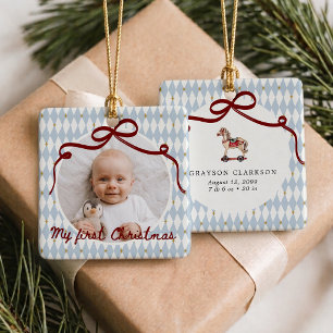 Baby First Christmas Whimsical Harlequin Photo Ceramic Ornament