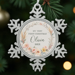 Baby First Christmas Wildflower Boho Personalize Snowflake Pewter Christmas Ornament