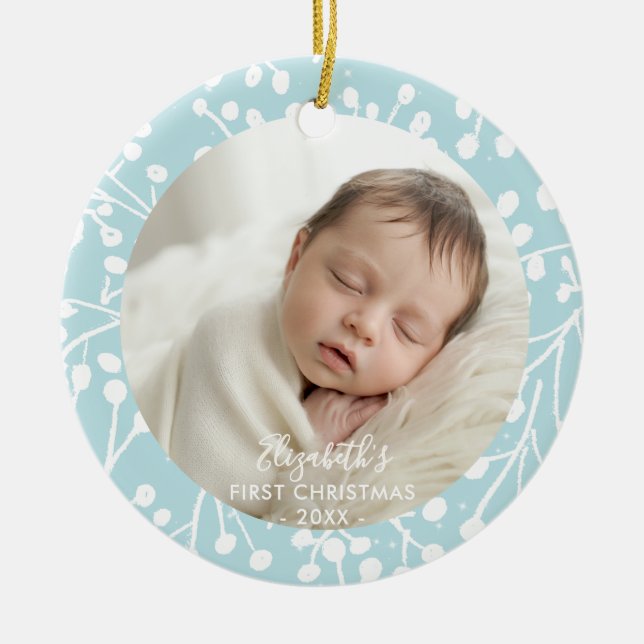 Baby First Christmas Winter Botanical Berries Blue Ceramic Tree Decoration (Front)