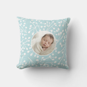 Baby First Christmas Winter Botanical Minimal Blue Cushion