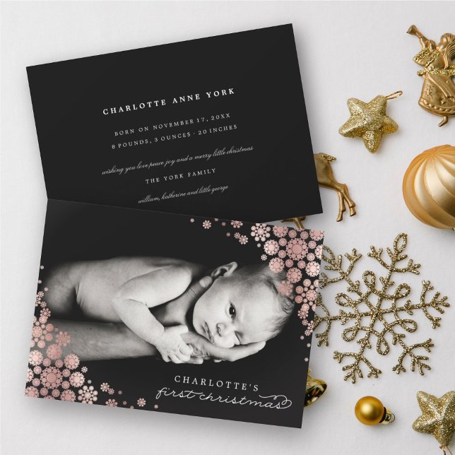 Baby First Christmas Winter Snowflakes Photo Birth Holiday Card (Creator Uploaded)