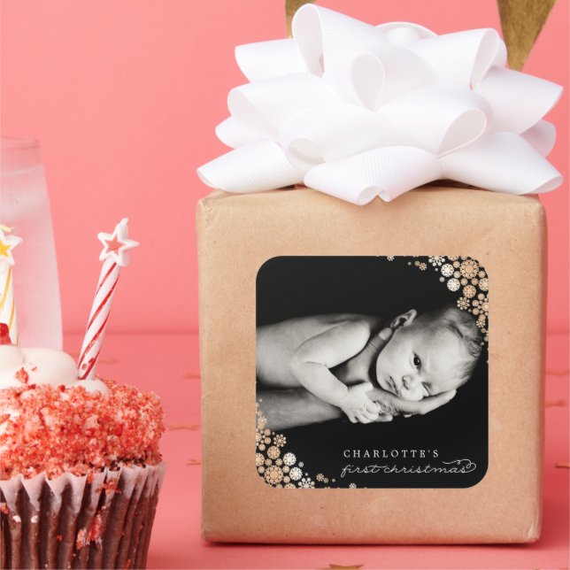 Baby First Christmas Winter Snowflakes Photo Birth Square Sticker (Party)
