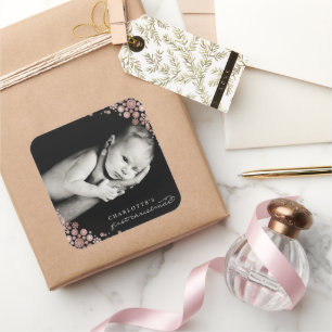 Baby First Christmas Winter Snowflakes Photo Birth Square Sticker