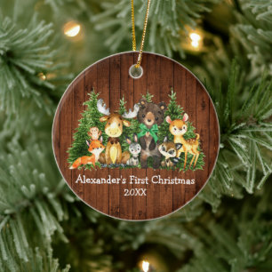 Baby First Christmas Wood Forest Animals Green Bow Ceramic Tree Decoration