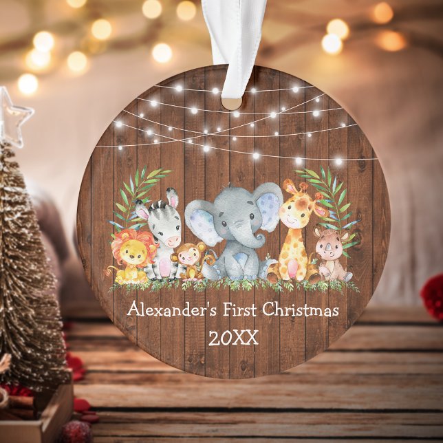 Baby First Christmas Wood Lights Safari Animals Ornament (Customize with name and year.)