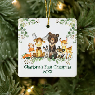 Baby First Christmas Woodland Animals Greenery Ceramic Ornament