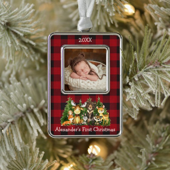 Baby First Christmas Woodland Animals Photo Plaid Silver Plated Framed Ornament (Tree)