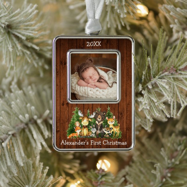 Baby First Christmas Woodland Animals Photo Rustic Silver Plated Framed Ornament (Tree)