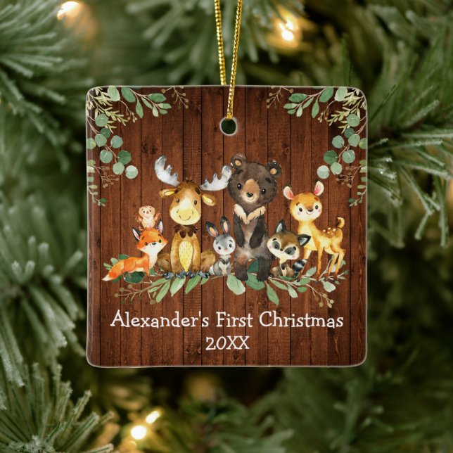 Baby First Christmas Woodland Animals Rustic Ceramic Ornament (Tree)