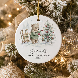 Baby First Christmas Woodland Bear Personalised Ceramic Tree Decoration