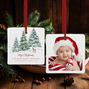 Baby First Christmas Woodland Deer Owl Photo  Ceramic Ornament