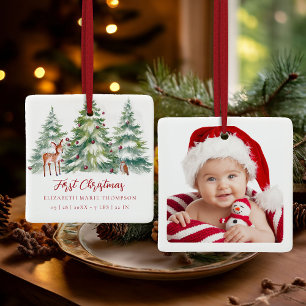 Baby First Christmas Woodland Owl Deer Photo Ceramic Ornament