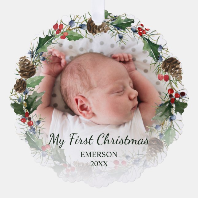 Baby First Christmas Wreath 2 Photo Tree Decoration Card (Front)