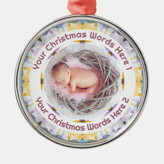 Baby First Christmas Yellow Purple Photo Keepsake Metal Tree Decoration (Front)