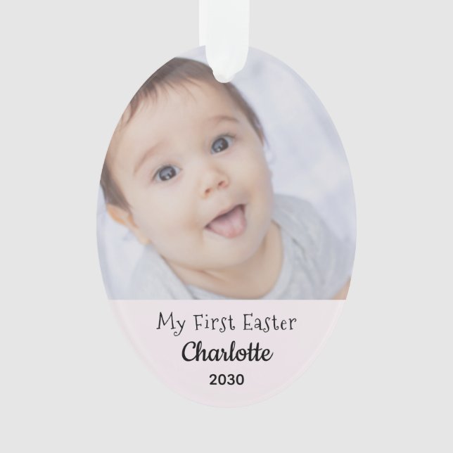 Baby First Easter Girl Photo Name Year Personaliz Ornament (Front)