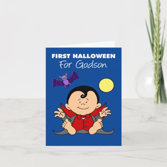 Baby First Halloween Godson Cartoon Vampire Holiday Card (Front)