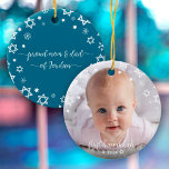 Baby First Hanukkah Stars Snowflakes New Parents Ceramic Tree Decoration<br><div class="desc">“First Hanukkah.” A playful visual of white Stars of David, snowflakes and handwritten script typography with customised year, overlaying the photo of your choice, help you usher in Hanukkah and New Year. On the back, additional white Stars of David, snowflakes and handwritten typography with “proud mum & dad of baby’s...</div>