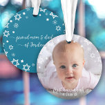 Baby First Hanukkah Stars Snowflakes New Parents Ornament<br><div class="desc">“First Hanukkah.” A playful visual of white Stars of David, snowflakes and handwritten script typography with customised year, overlaying the photo of your choice, help you usher in Hanukkah and New Year. On the back, additional white Stars of David, snowflakes and handwritten typography with “proud mum & dad of baby’s...</div>