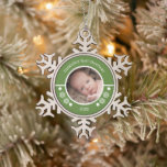 Baby First photo year dots green white Snowflake Pewter Christmas Ornament<br><div class="desc">Baby's First Christmas keepsake.
Snowflake ornament with a photo of your baby to celebrate their first Christmas.
Change the name and add the year.
For baby boy or baby girl.
Green and white with dots and snowflake shapes.</div>