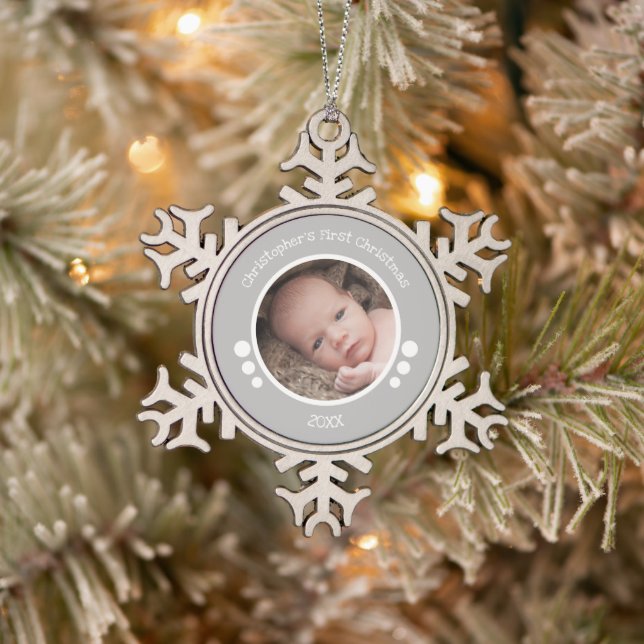 Baby First photo year grey white Snowflake Pewter Christmas Ornament (Tree)
