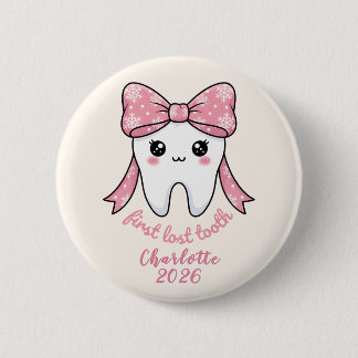 Baby First Tooth Pink Bow Milestone Kawaii Tooth 6 Cm Round Badge