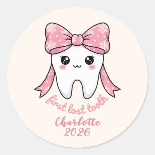 Baby First Tooth Pink Bow Milestone Kawaii Tooth Classic Round Sticker