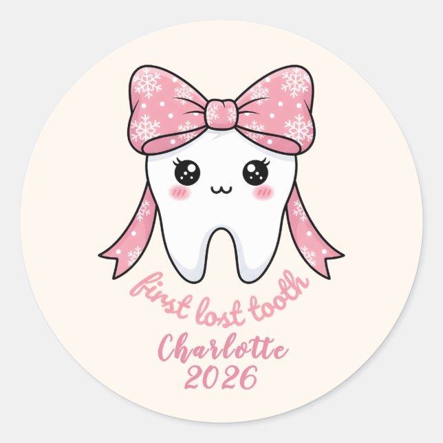 Baby First Tooth Pink Bow Milestone Kawaii Tooth Classic Round Sticker (Front)