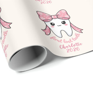 Baby First Tooth Pink Bow Milestone Kawaii Tooth Wrapping Paper