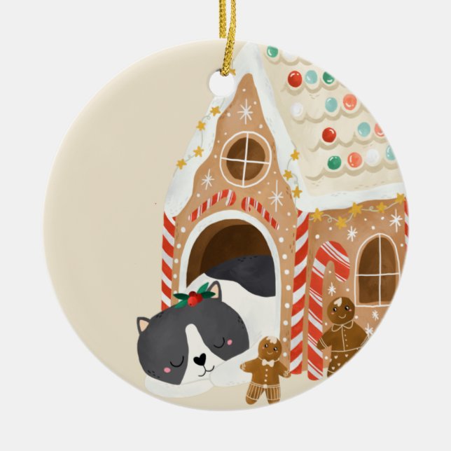 Baby First Xmas Cat in a Gingerbread House Ceramic Tree Decoration (Front)