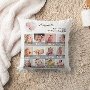 Baby First Year 12 Month Photo Collage Milestone Cushion