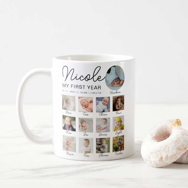 Baby First Year 12 Months Photo Collage Modern Coffee Mug (With Donut)