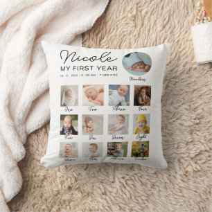 Baby First Year 12 Months Photo Collage Modern Cushion