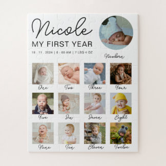 Baby First Year 12 Months Photo Collage Modern Jigsaw Puzzle