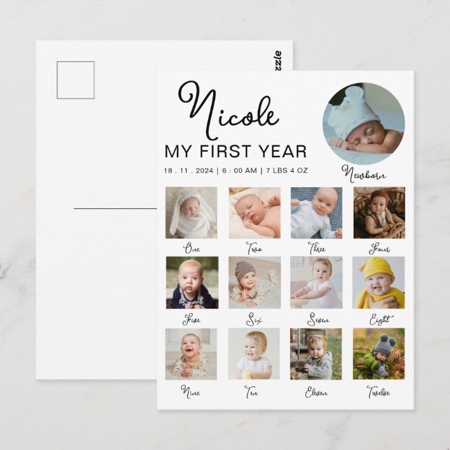 Baby First Year 12 Months Photo Collage Modern Postcard (Front/Back)