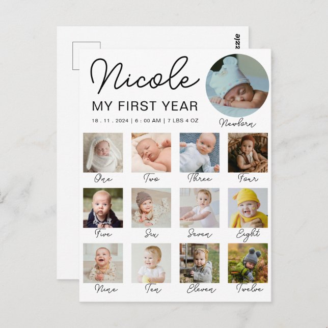 Baby First Year 12 Months Photo Collage Modern Postcard (Front/Back)