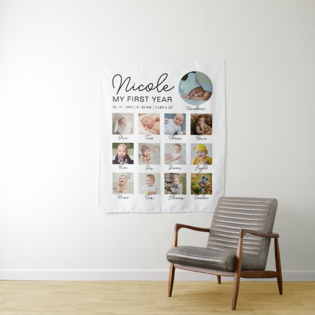 Baby First Year 12 Months Photo Collage Modern Tapestry (In Situ)