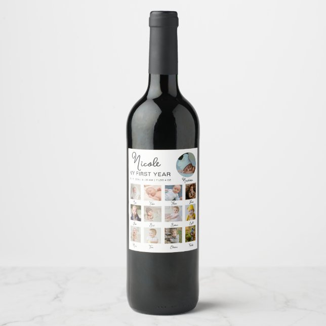 Baby First Year 12 Months Photo Collage Modern Wine Label (Front)