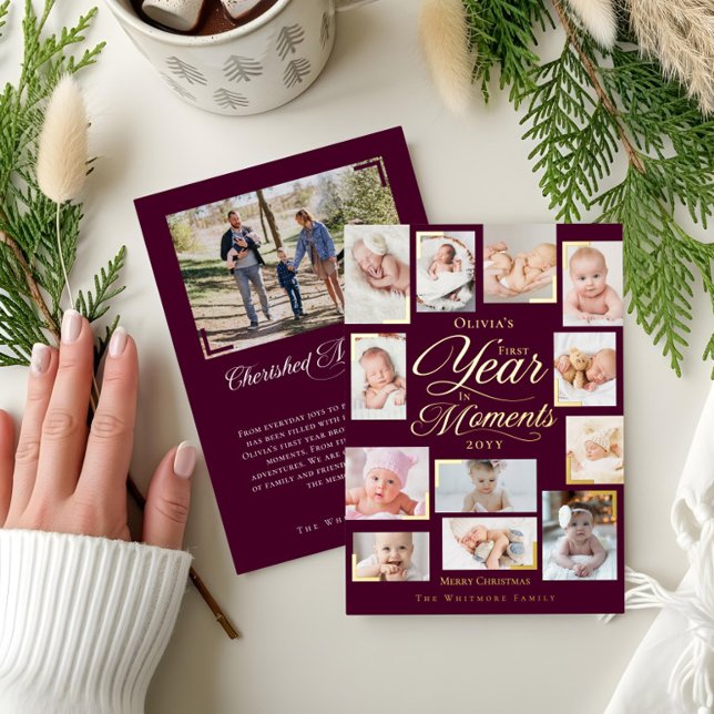 Baby First Year in Moments Minimal Photo Collage Foil Holiday Card (Baby First Year in Moments Minimal Photo Collage Foil Holiday Card)