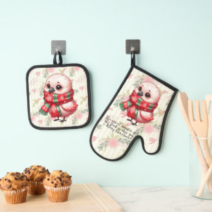 Baby Flamingo Chick Wishing You A Merry Christmas Oven Mitt & Pot Holder Set