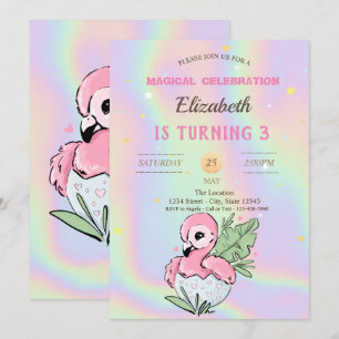 Baby Flamingo, Holographic Birthday  Invitation