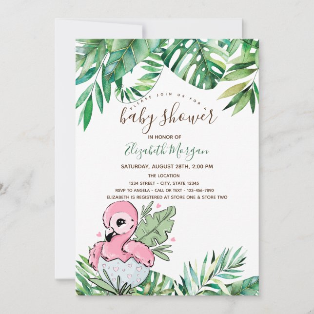 Baby Flamingo Tropical Leaves Baby Shower  Invitation (Front)