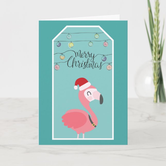 Baby flamingo with santa hat and christmas lights holiday card (Front)
