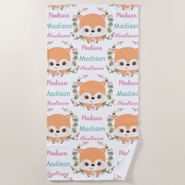 Baby Floral Fox Custom Name Ombre Pattern Beach Towel (Front)